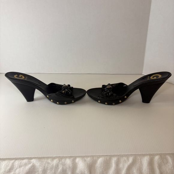 Vintage G By Guess Open Toe Mule/Heels Size 7.5M Leather Bow Gold Accents - Picture 9 of 16